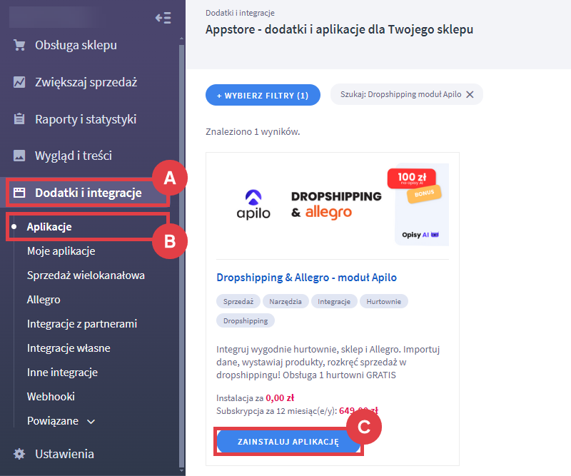 Panel administracyjny sklepu > Dodatki i integracje > Aplikacje > Dropshipping & Allegro - moduł Apilo