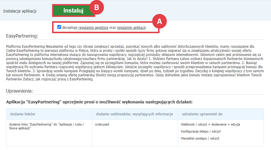 Panel administracyjny > Dodatki i integracje > Aplikacje > EasyPartnering >Instalacja