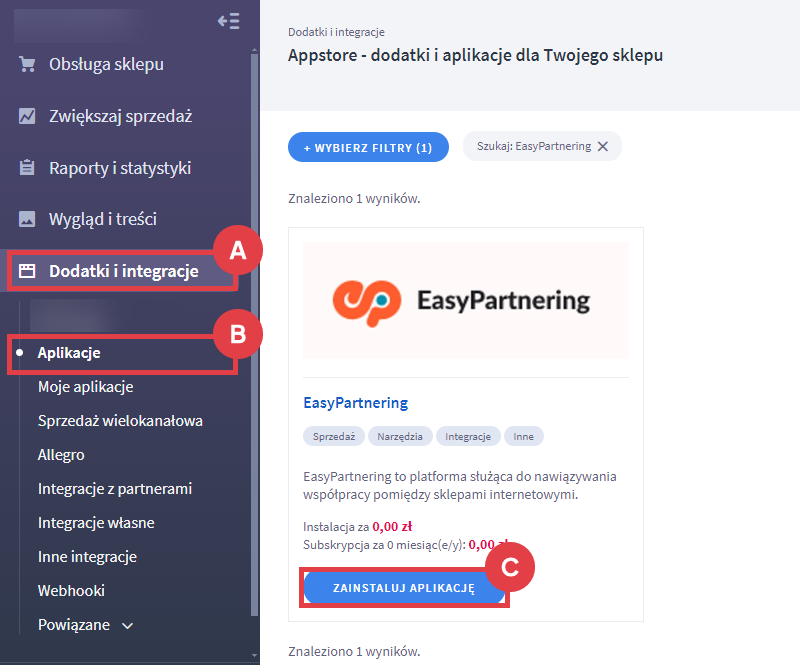 Panel administracyjny > Dodatki i integracje > Aplikacje > EasyPartnering