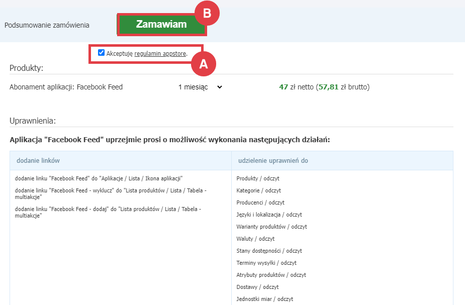 Zamów abonament aplikacji Facebook Feed na 1 miesiąc Panel administracyjny sklepu > Dodatki i integracje > Aplikacje > Facebook Feed > Zamawiam