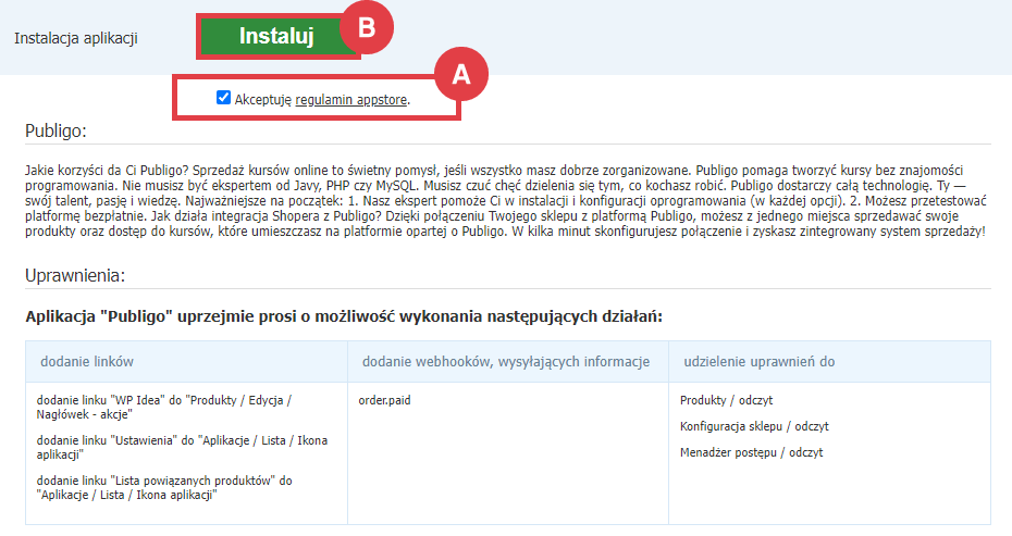 Panel administracyjny sklepu > Dodatki i integracje > Aplikacje > Publigo > Instalacja
