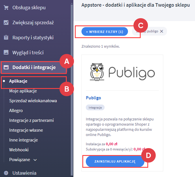 Panel administracyjny sklepu > Dodatki i integracje > Aplikacje > Publigo