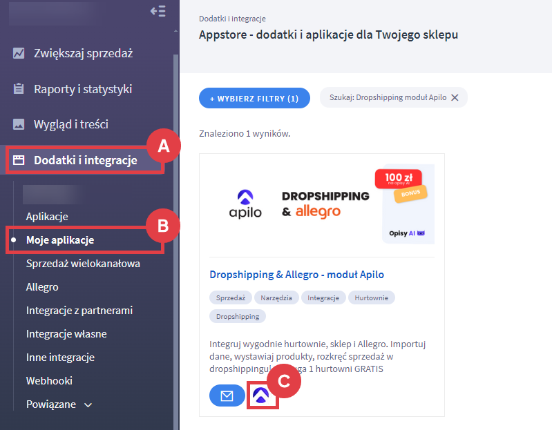 Panel administracyjny sklepu > Dodatki i integracje > Moje aplikacje > Dropshipping & Allegro - moduł Apilo