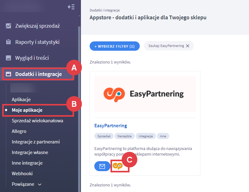 Panel administracyjny > Dodatki i integracje > Moje aplikacje > EasyPartnering