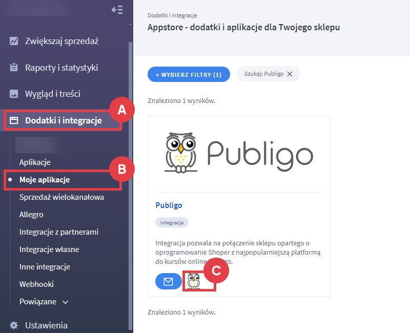 Panel administracyjny sklepu > Dodatki i integracje > Moje aplikacje > Publigo