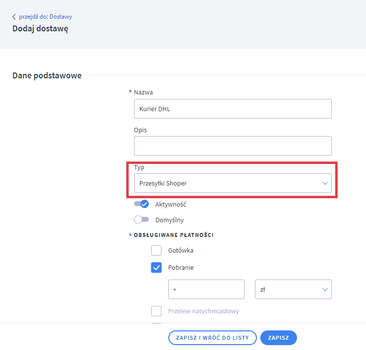 Tworząc nową formę dostawy wybierz Typ przesyłki: Przesyłki Shoper Panel administracyjny sklepu > Ustawienia > Obsługa zamówień > Formy dostawy > Shoper Przesyłki
