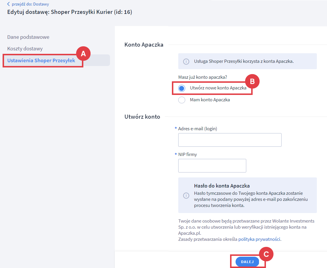 Panel administracyjny sklepu > Ustawienia > Obsługa zamówień > Formy dostawy > Shoper Przesyłki