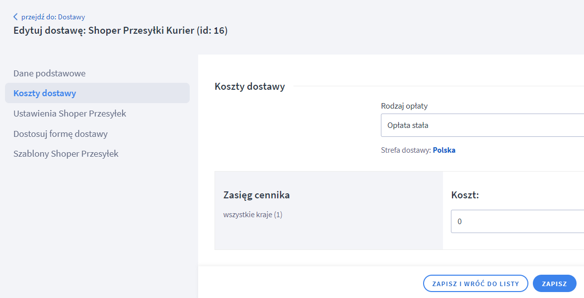 Panel administracyjny sklepu > Ustawienia > Obsługa zamówień > Formy dostawy > Shoper Przesyłki
