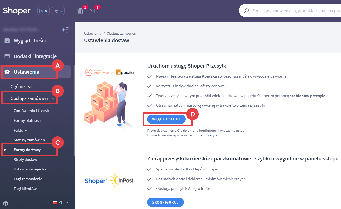 Panel administracyjny sklepu > Ustawienia > Obsługa zamówień > Formy dostawy