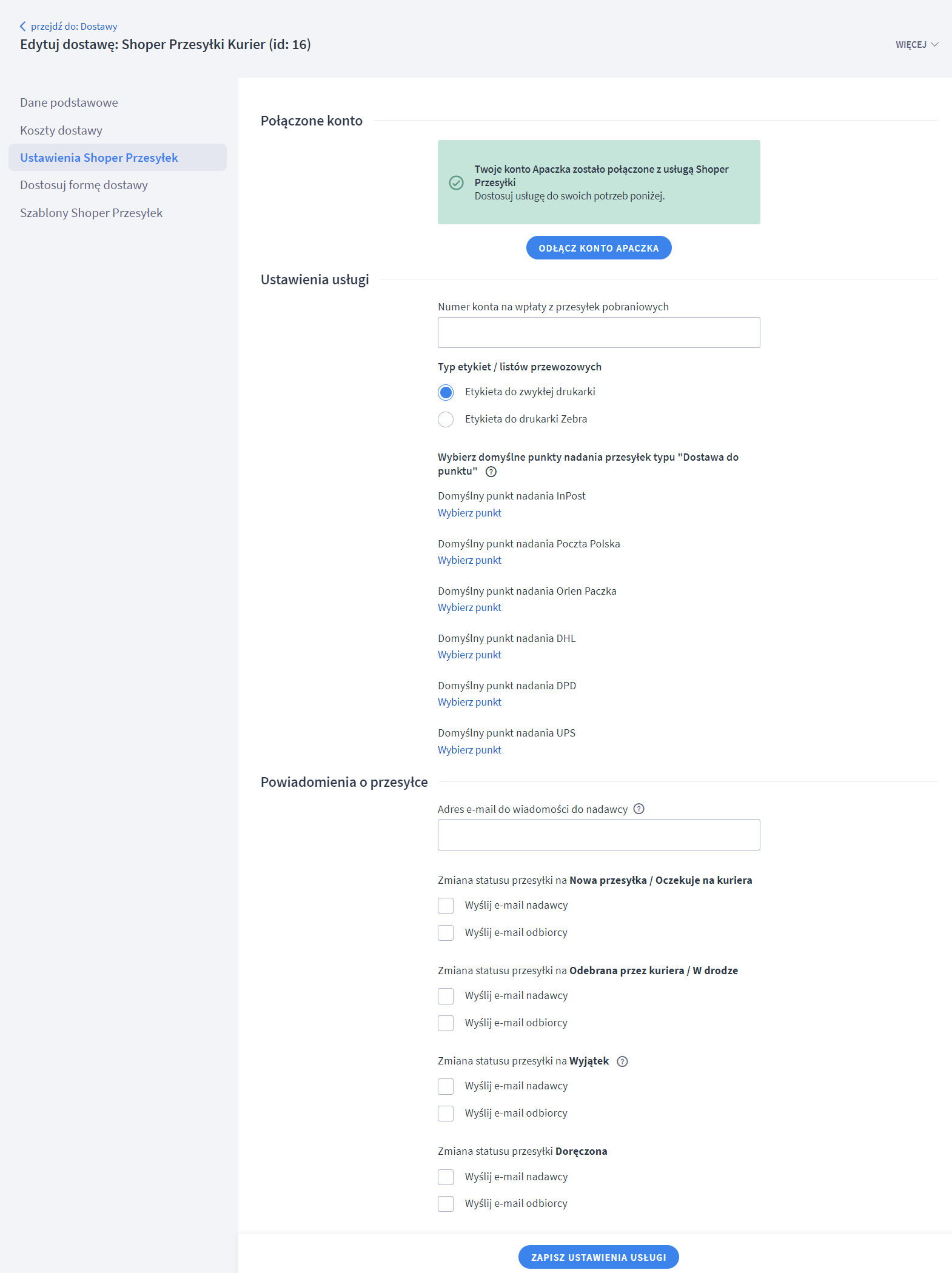 Panel administracyjny sklepu > Ustawienia > Obsługa zamówień > Formy dostawy > Shoper Przesyłki