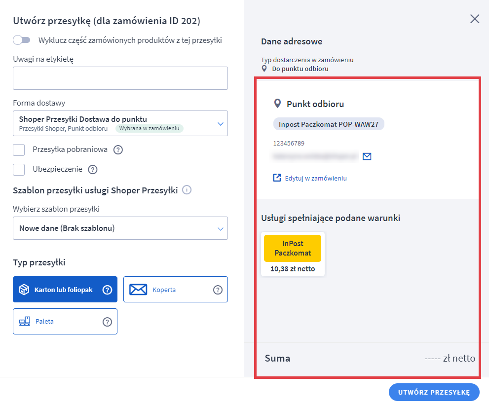 Przykładowy widok dostępnych metod dostaw dla przesyłki Panel administracyjny sklepu > Obsługa sklepu > Zamówienia > Zamówienie > Utwórz przesyłkę > Dostawa i płatność
