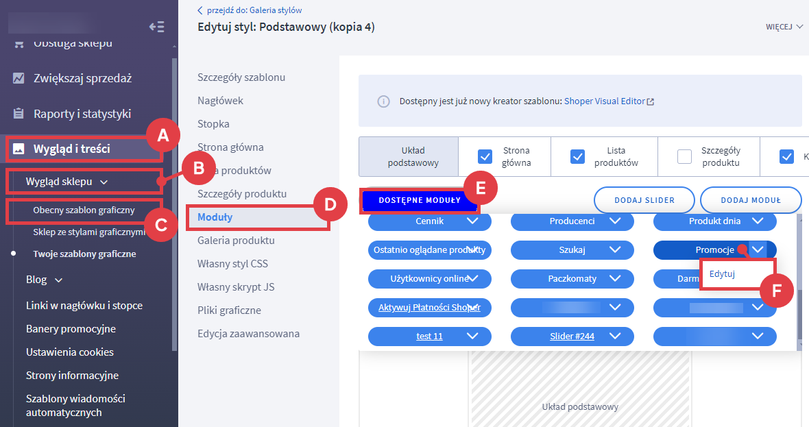 Panel administracyjny sklepu > Wygląd i treści > Wygląd sklepu > Obecny szablon graficzny > Moduły > Promocje > Edycja