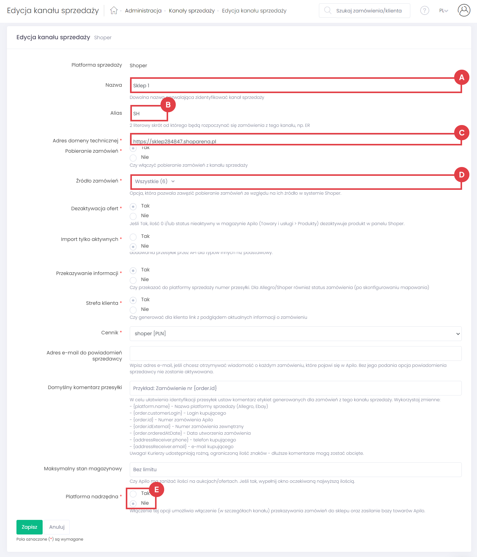 Panel Apilo > Administracja > Kanały sprzedaży > Edycja > Formularz