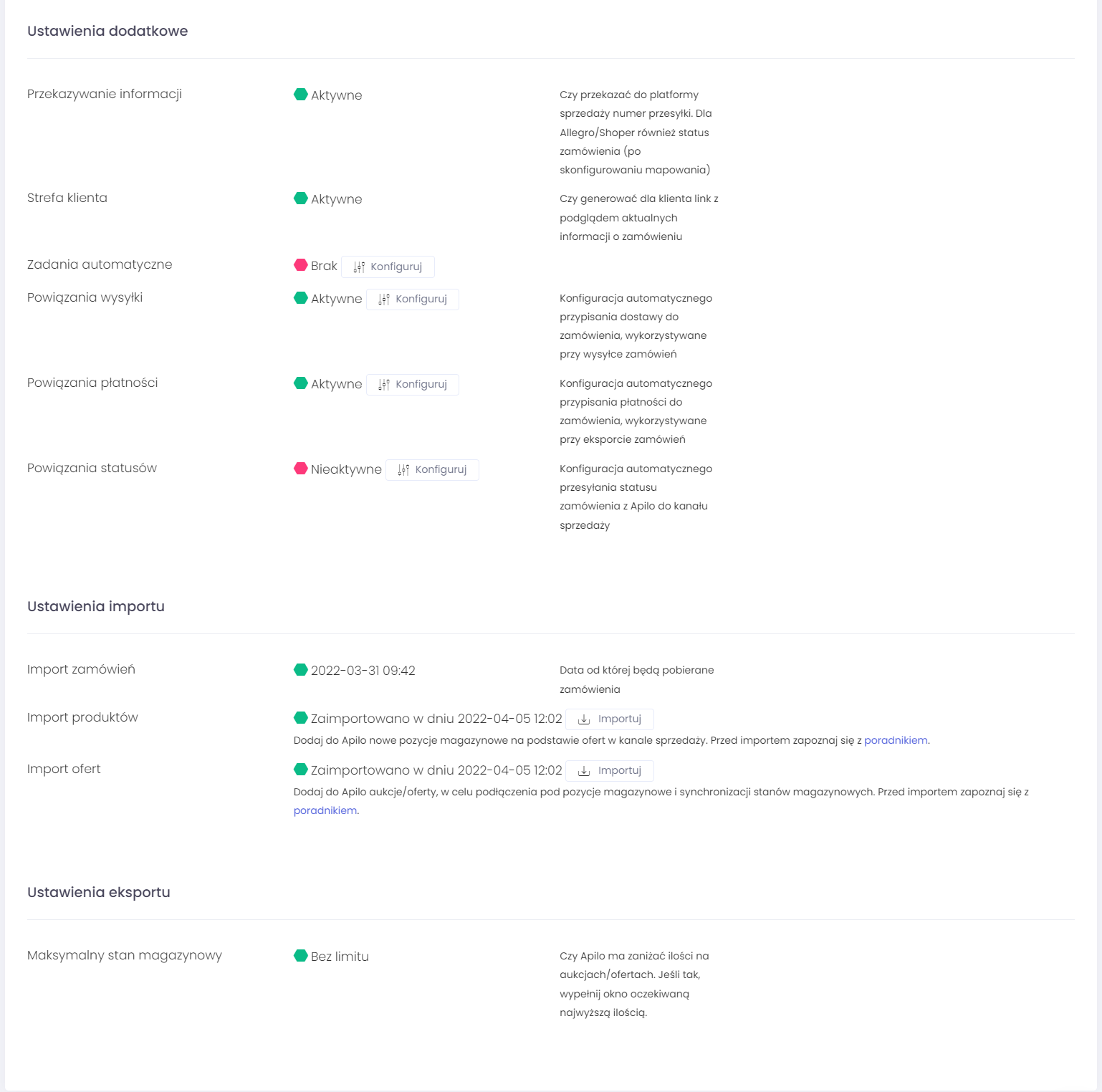 Panel Apilo > Administracja > Kanały sprzedaży > Edycja > Formularz > Ustawienia dodatkowe