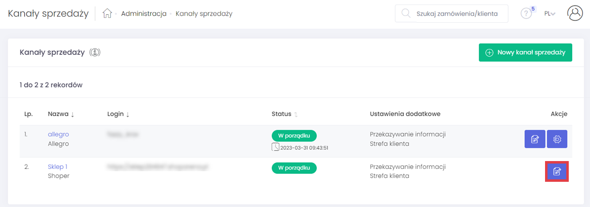 Panel Apilo > Administracja > Kanały sprzedaży > Edycja