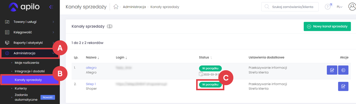 Panel Apilo > Administracja > Kanały sprzedaży > Status