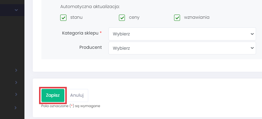 Panel Apilo > Sprzedaż > Shoper > Wystaw > Formularz oferty > Zapisz