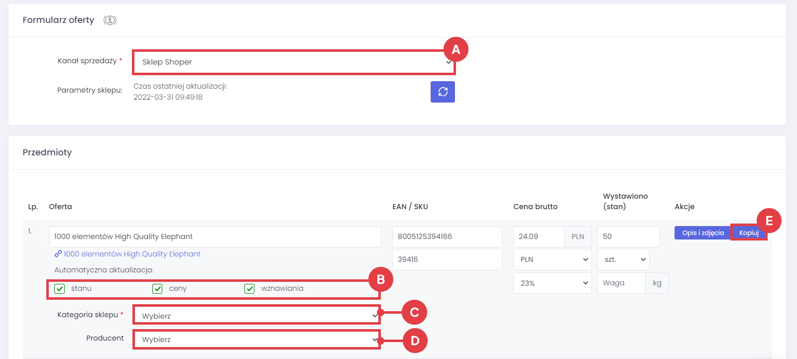 Panel Apilo > Sprzedaż > Shoper > Wystaw > Formularz oferty
