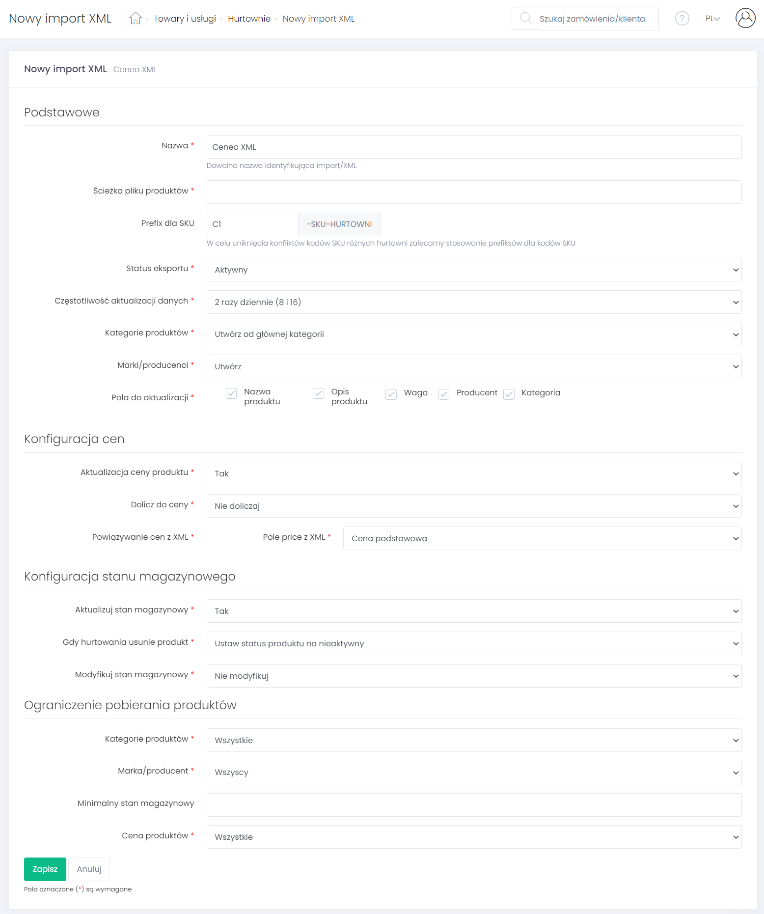 Uzupełnij formularz importu produktów z hurtowni w panelu Apilo Panel Apilo > Towary i usługi > Hurtownie > Hurtownia > Nowy import XML