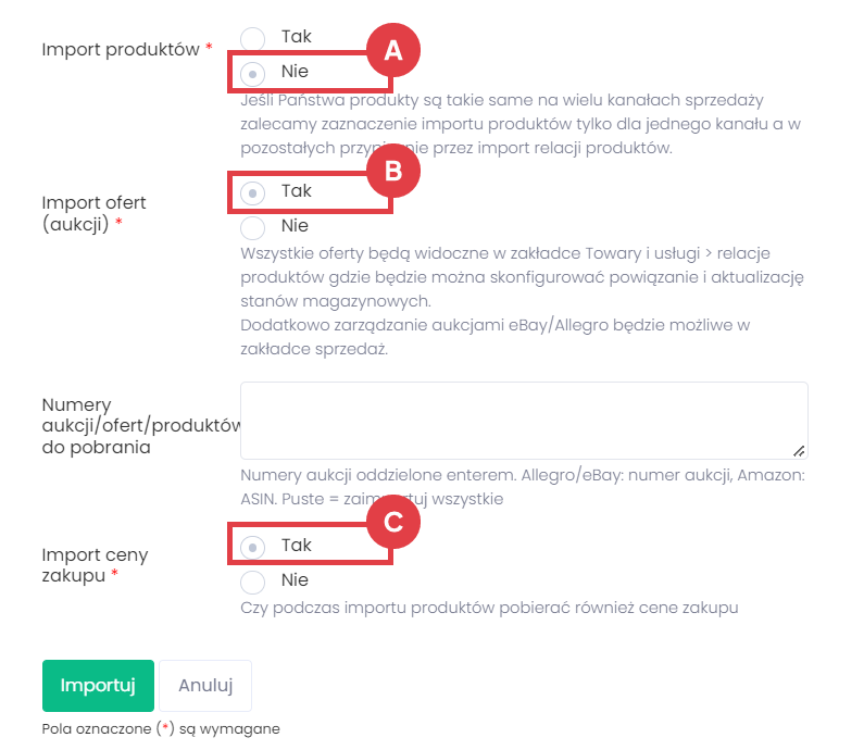Panel Apilo > Towary i usługi > Produkty > Import produktów/ofert > Platformy > Importuj > Formularz