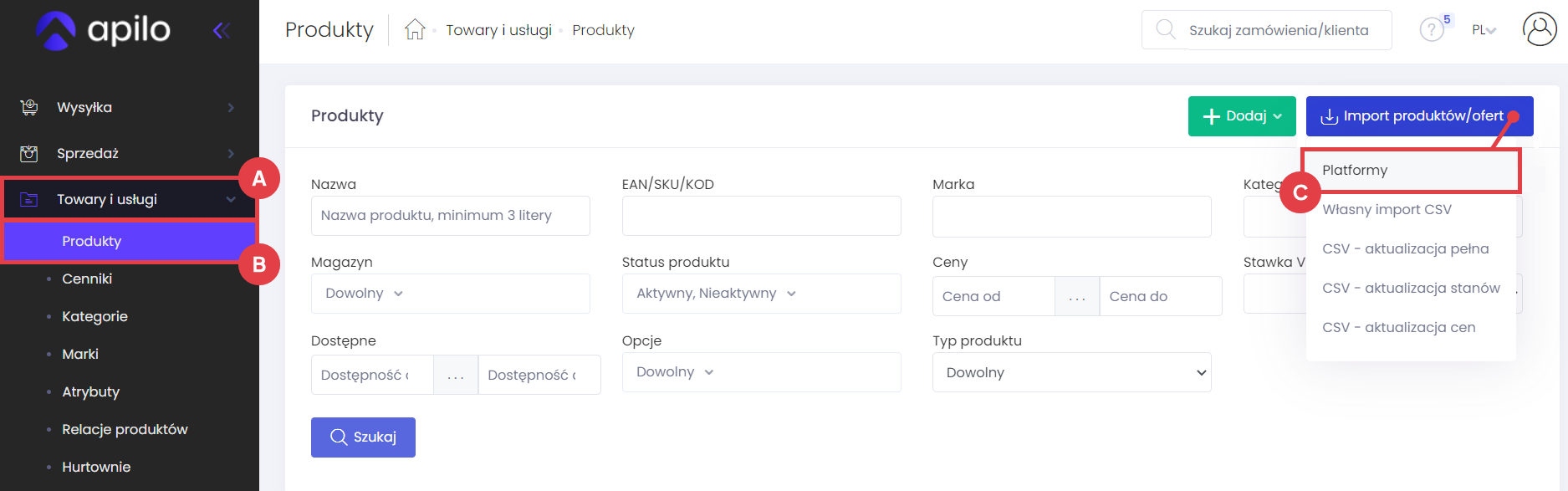 Panel Apilo > Towary i usługi > Produkty > Import produktów/ofert > Platformy