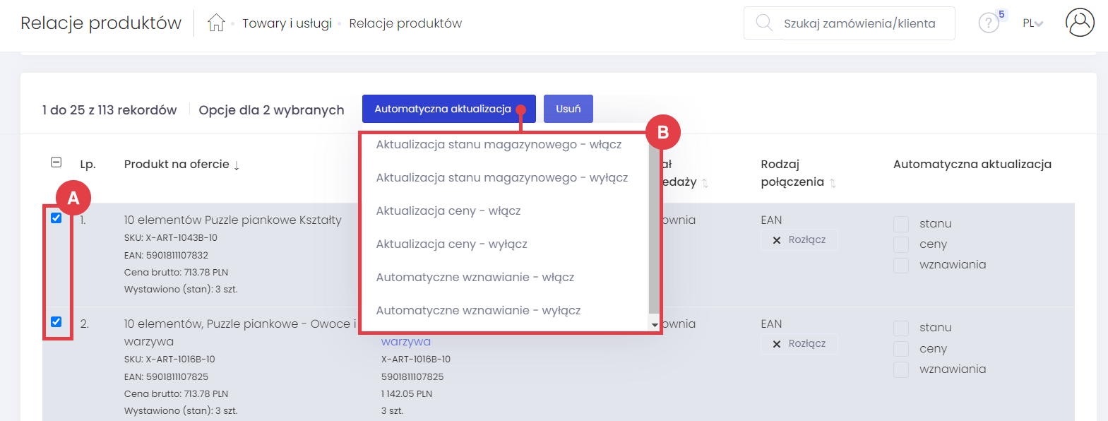 Panel Apilo > Towary i usługi > Relacje produktów > Automatyczna aktualizacja
