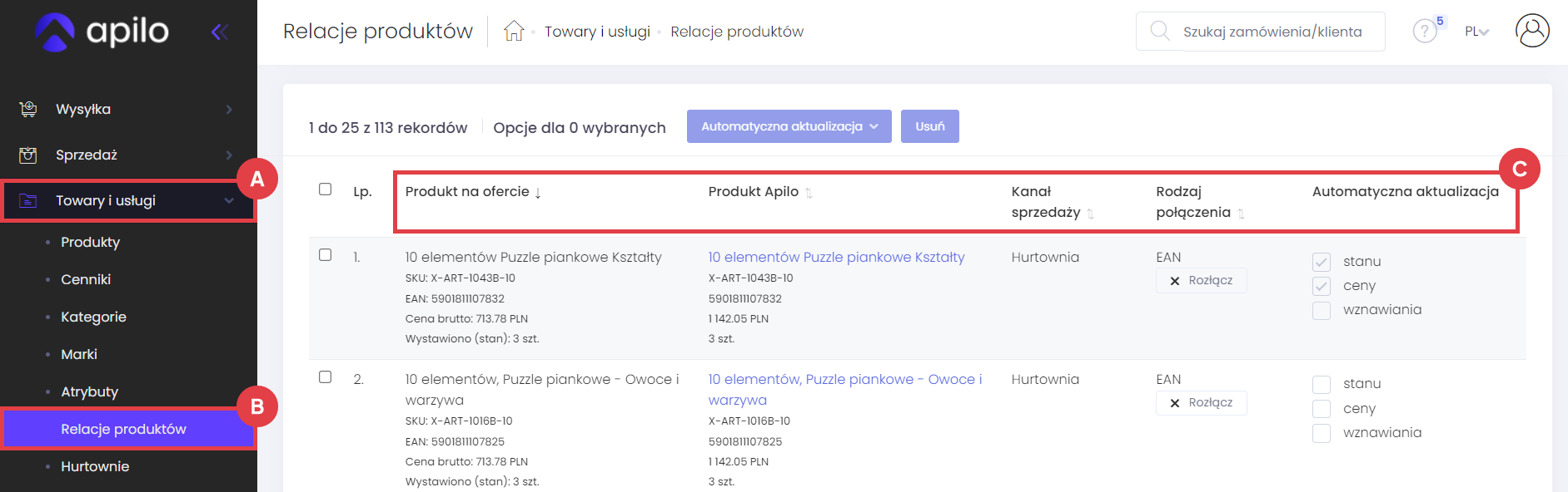 Panel Apilo > Towary i usługi > Relacje produktów