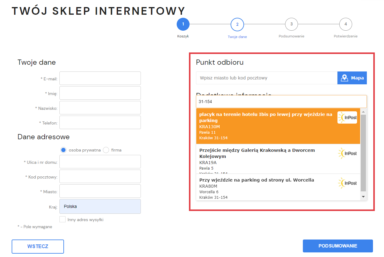 Kupujący może wybrać z listy dostępne Paczkomaty InPost Koszyk zakupowy na etapie wyboru formy dostawy jakim jest punkt odbioru Paczkomat InPost