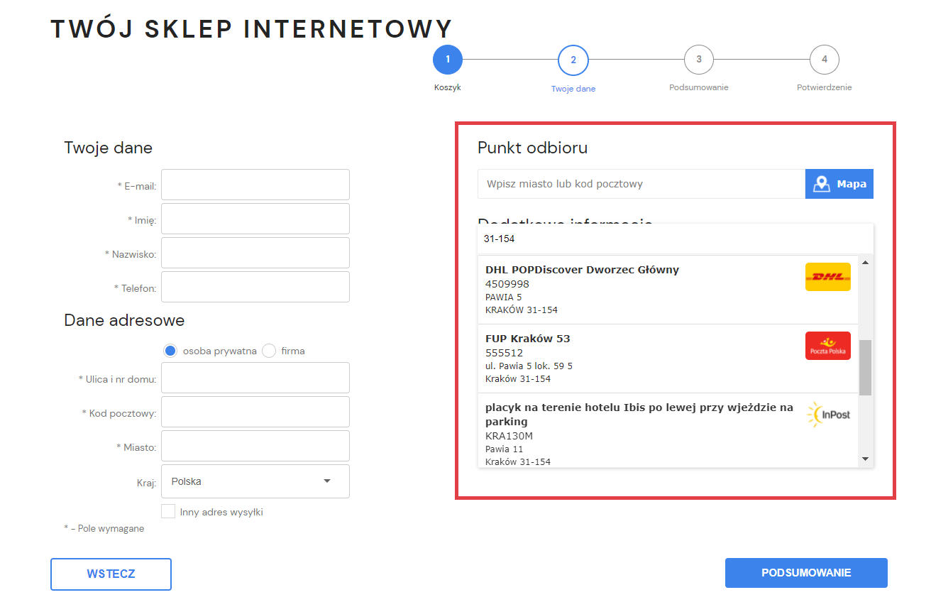 Kupujący składający zamówienie w sklepie Shoper zobaczy listę dostępnych punktów odbioru zamówienia Koszyk zakupowy w sklepie na etapie wyboru punktu odbioru zamówienia