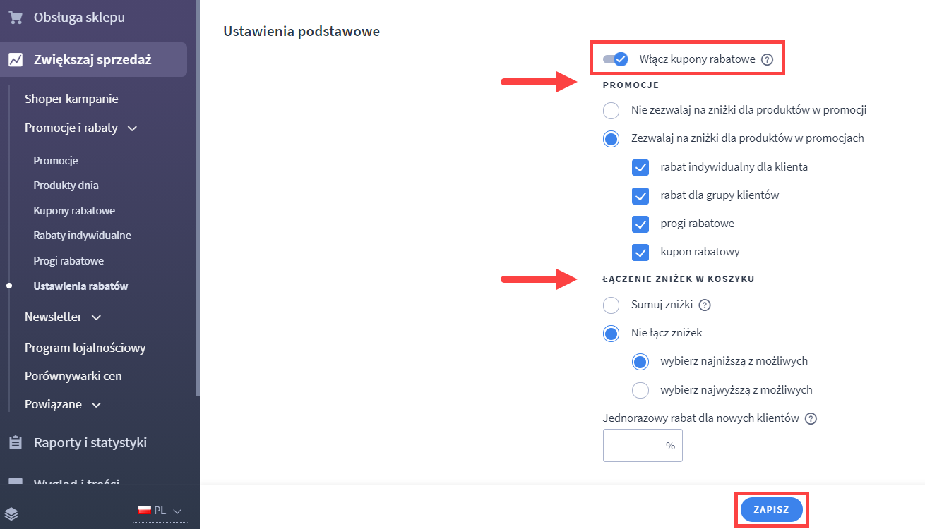 Panel administracyjny sklepu > Zwiększaj sprzedaż > Promocje i rabaty > Ustawienia rabatów