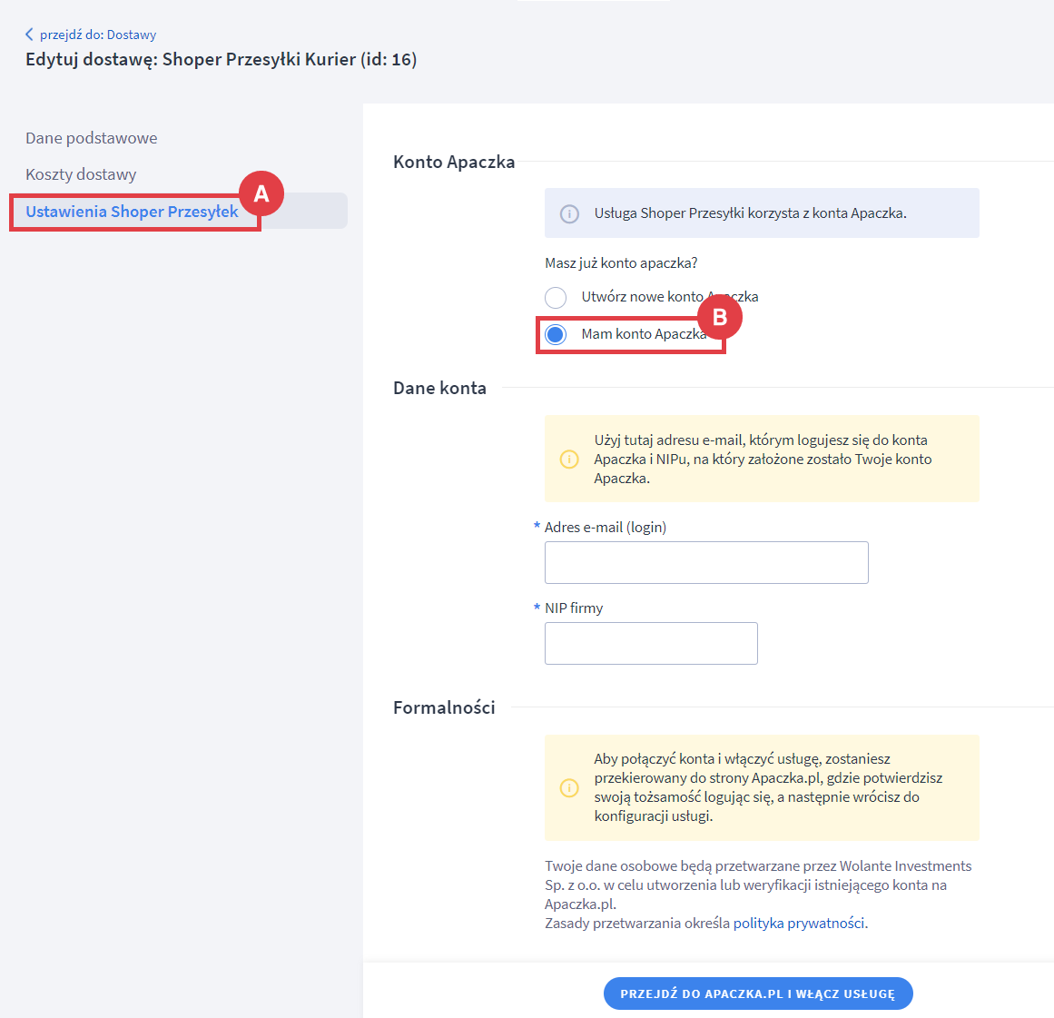 Panel administracyjny sklepu > Ustawienia > Obsługa zamówień > Formy dostawy > Shoper Przesyłki