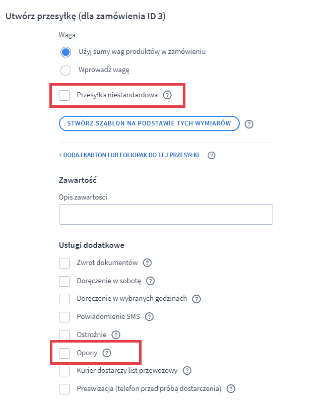 Panel administracyjny > Obsługa sklepu > Zamówienia > Tworzenie przesyłki > Przesyłka niestandardowa