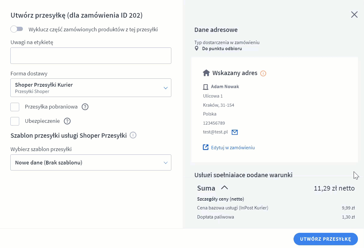 Uzupełnij formularz tworzenia przesyłki w Panelu administracyjnym sklepu Shoper Panel administracyjny sklepu > Obsługa sklepu > Zamówienia > Zamówienie > Utwórz przesyłkę > Formularz