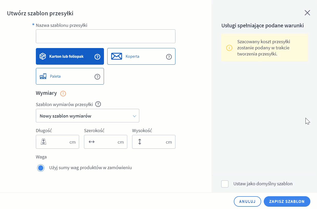 Panel administracyjny sklepu > Ustawienia > Obsługa zamówień > Formy dostawy > Shoper Przesyłki > Szablony przesyłek
