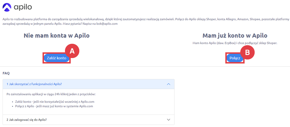 Panel administracyjny sklepu > Dodatki i integracje > Moje aplikacje > Dropshipping & Allegro - moduł Apilo > Logowanie