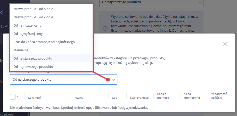 Panel administracyjny sklepu > Ustawienia > Produkty > Ustawienia produktów > Kolejność produktów > Zarządzanie kolejnością
