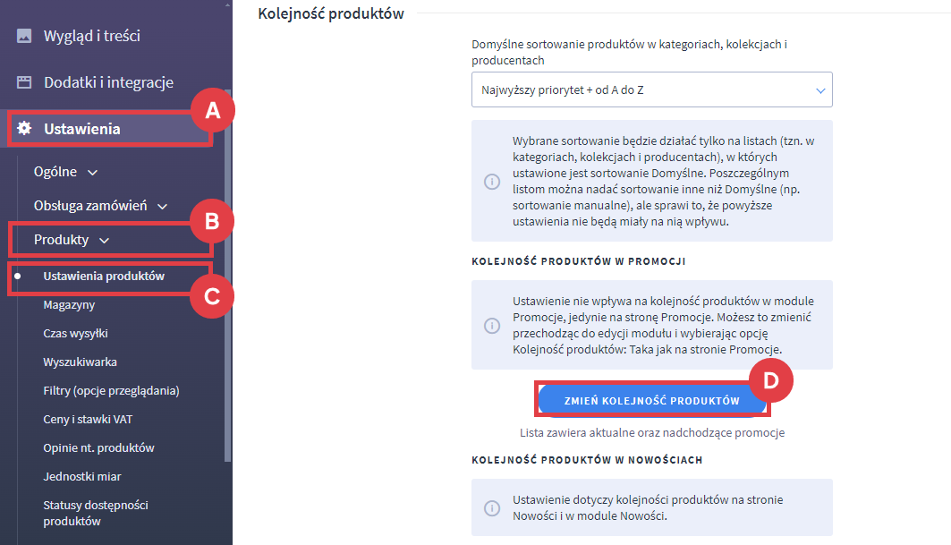 Panel administracyjny sklepu > Ustawienia > Produkty > Ustawienia produktów > Kolejność produktów