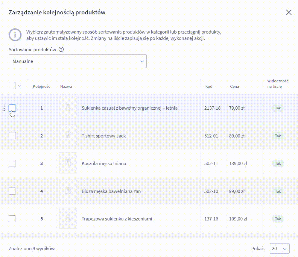 Przykład zmiany pozycji dla grupy produktów w sklepie Shoper Panel administracyjny sklepu > Ustawienia > Produkty > Ustawienia produktów > Kolejność produktów w nowościach > Grupowa zmiana pozycji produktów
