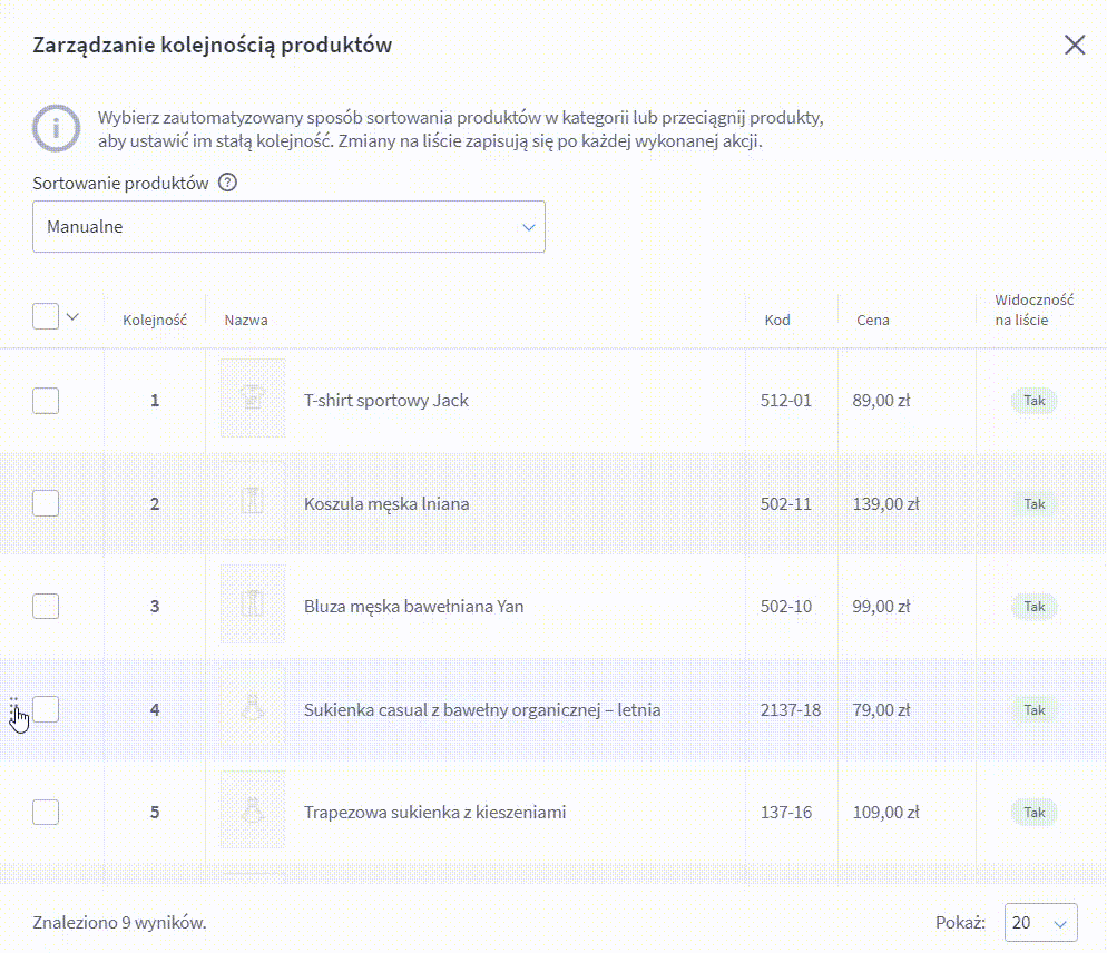 Instruktaż pojedynczej zmiany kolejności produktu w Panelu administracyjnym sklepu Shoper Panel administracyjny sklepu > Ustawienia > Produkty > Ustawienia produktów > Kolejność produktów w nowościach > Ręczne ustawienia