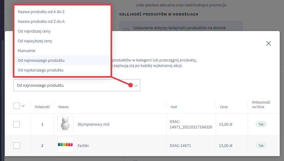 Wybierz z listy dostępny rodzaj sortowania produktów Panel administracyjny sklepu > Ustawienia > Produkty > Ustawienia produktów > Kolejność produktów w nowościach > Sortowanie