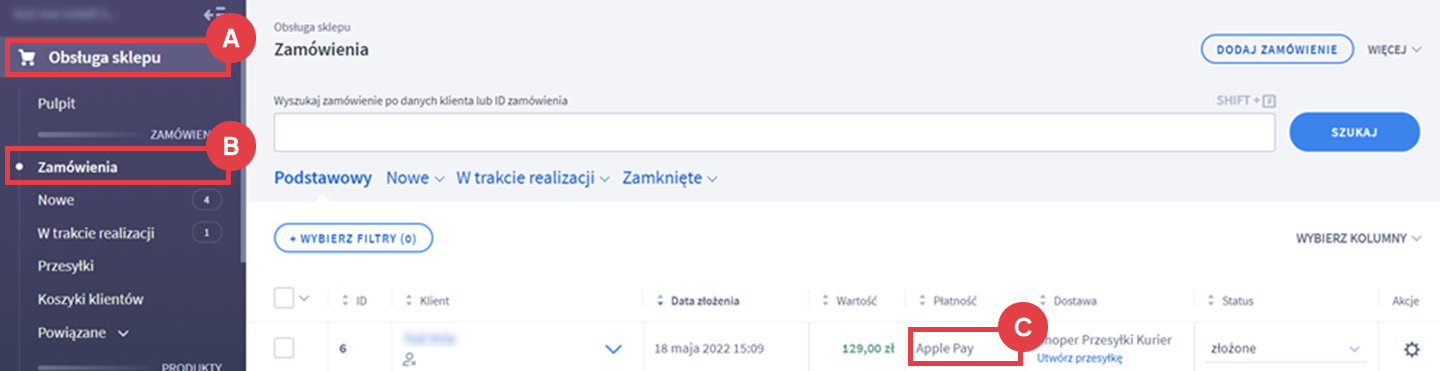 Podejrzyj, jakie zamówienia są opłacone z użyciem Apple Pay Panel administracyjny sklepu > Obsługa sklepu > Zamówienia > Płatność