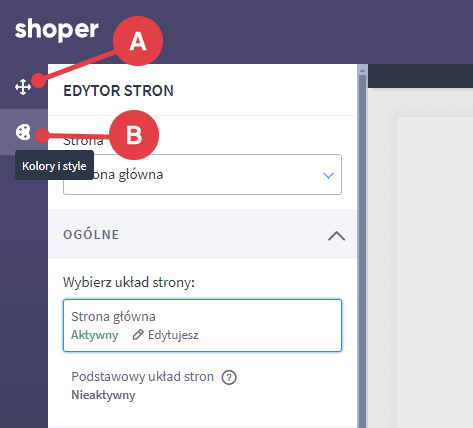 Wybierz odpowiednią grupę ustawień, w których będziesz wprowadzać zmiany Shoper Visual Editor dostępne zakładki