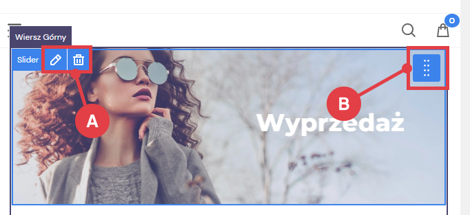 Możesz zmieniać miejsce danego modułu oraz przejść do jego edycji Shoper VIsual Editor przesuwanie oraz edycja modułu