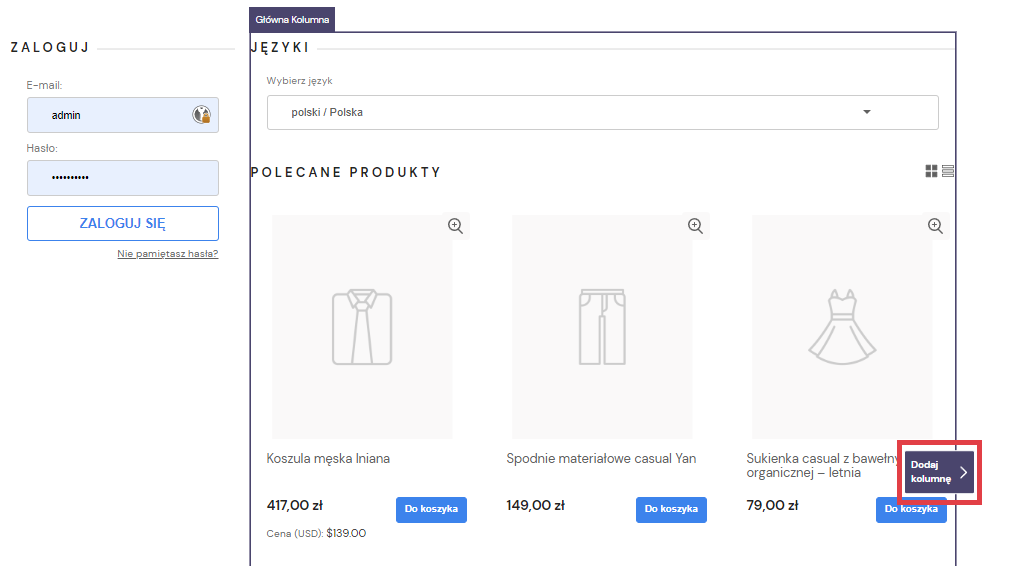 Dodaj kolumnę po lewej lub prawej stronie Shoper Visual Editor kolummy edytora