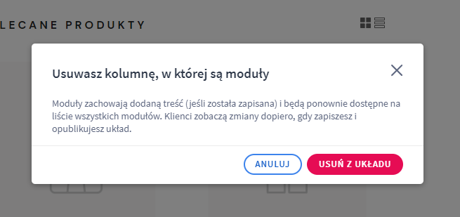 Zabezpieczenie przed usunięciem kolumny z dodanymi do niej modułami Shoper Visual Editor potwierdzenie usuwania kolumny