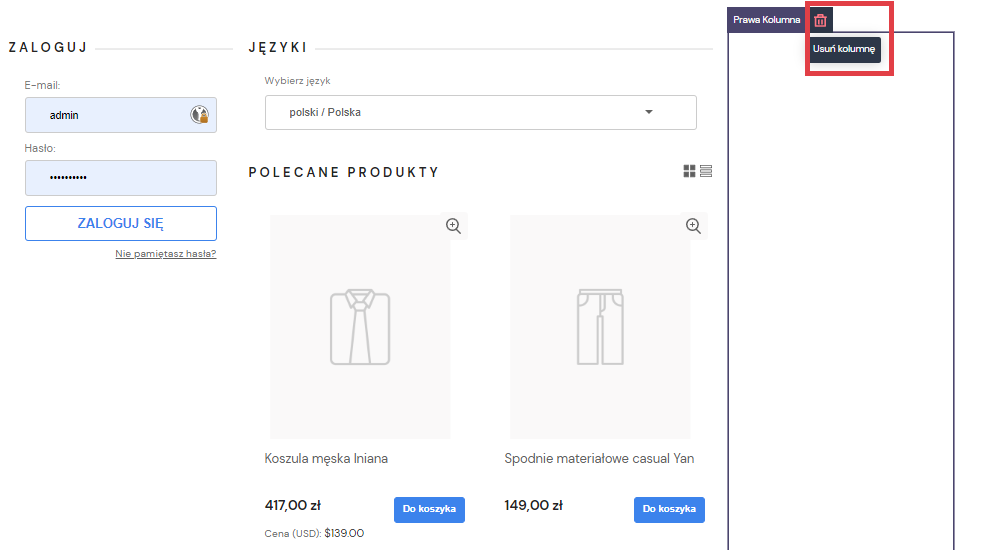 Możesz usunąć kolumny z edytora Shoper Visual Editor kolumny edytora
