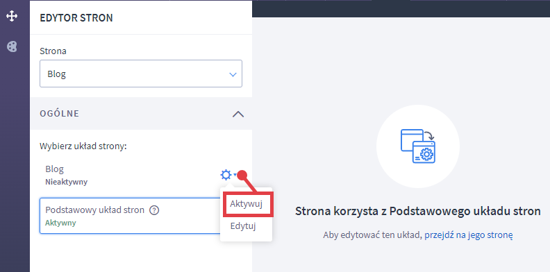 Aktywuj układ danej strony, aby wprowadzić dla niej indywidualny układ modułów Shoper Visual Editor aktywacja układu strony