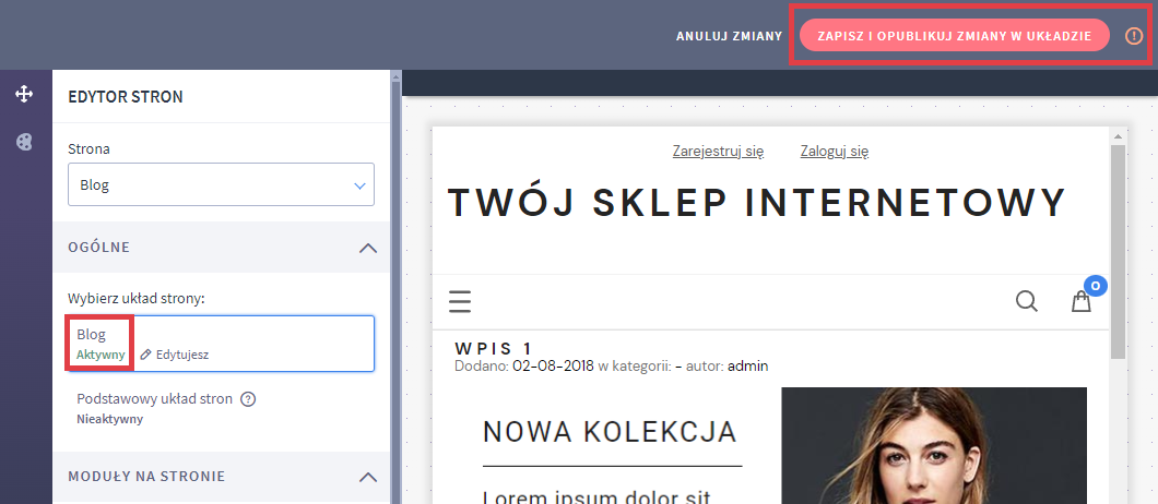Po wprowadzaniu zmian na stronie nie zapomnij zapisać zmian w szablonie Shoper Visual Editor