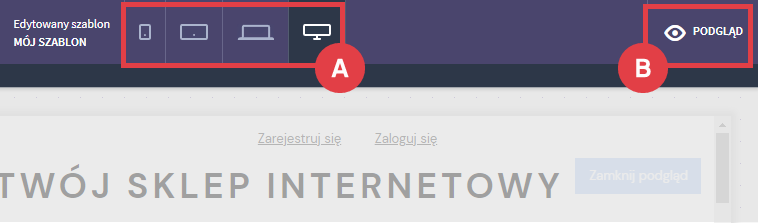 Sprawdzaj jak szablon wygląda na różnych szerokościach ekranu Shoper Visual Editor zmiana szerokości ekranu wraz z poglądem szablonu