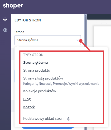 Wybierz jeden z wielu typów stron, które chcesz edytować Shoper Visual Editor - typy stron